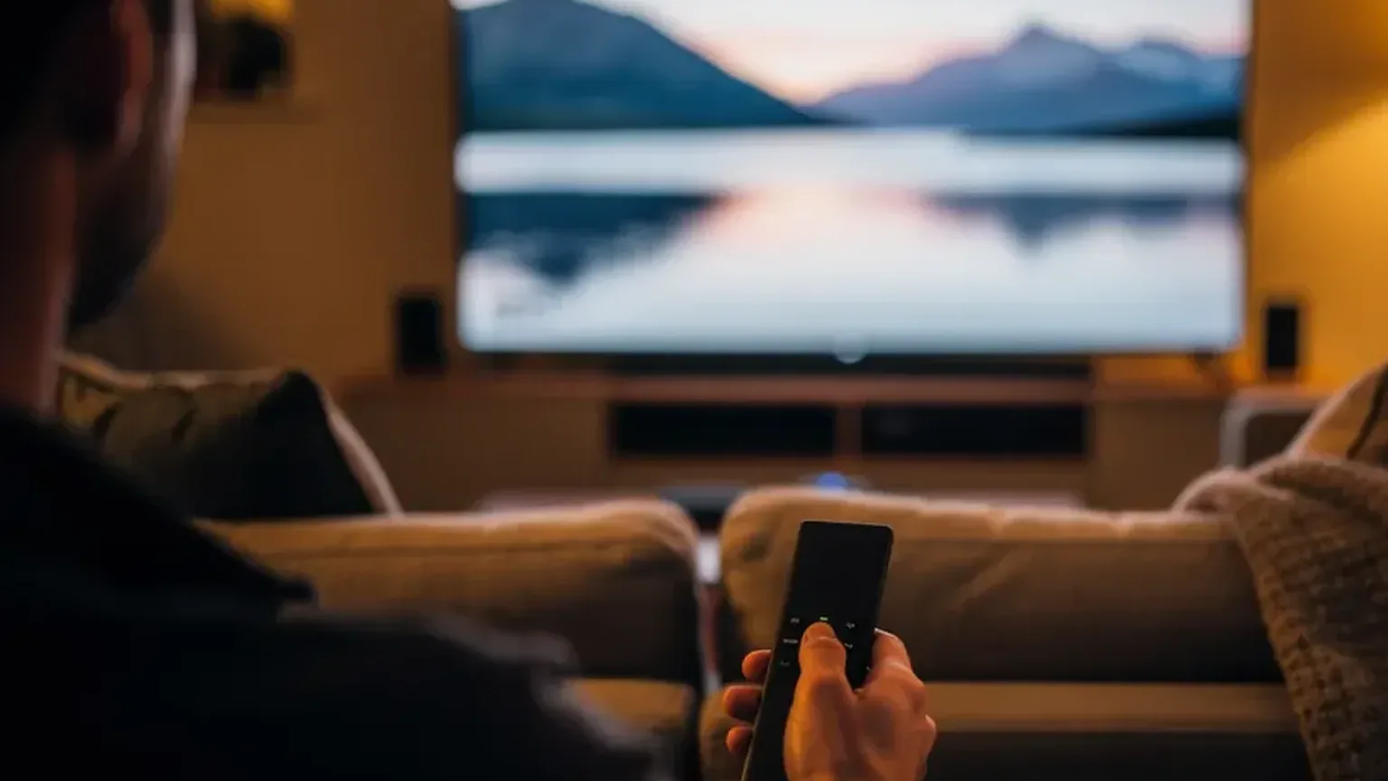 A cosy UK living room at night, someone holding a remote pointed at a large TV while testing IPTV apps on an Apple TV 4K