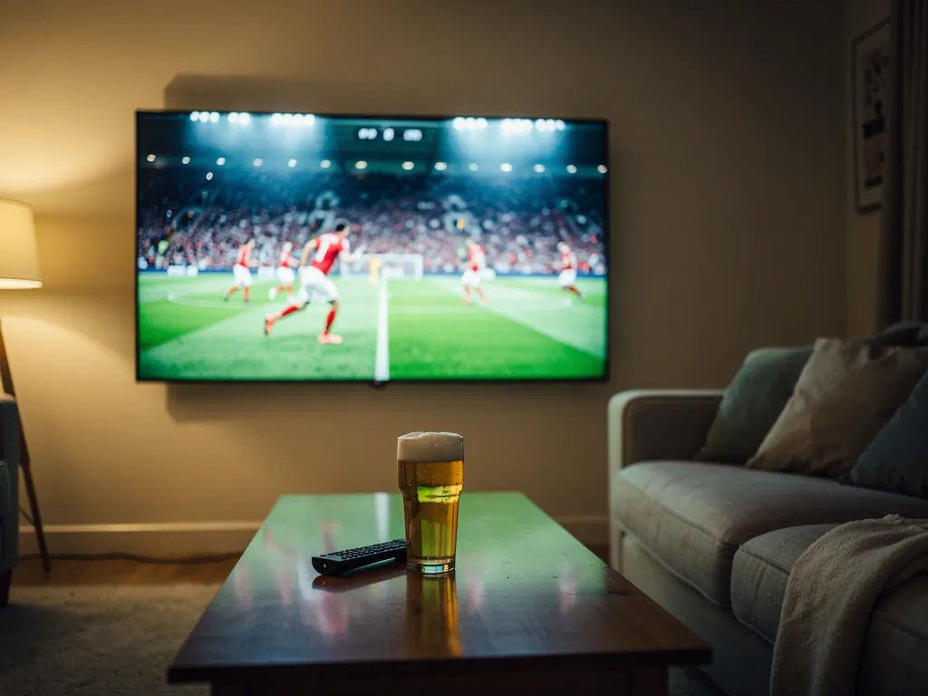 A cozy UK living room at night with a large wall-mounted TV showing a live football match under stadium floodlights, a pint on the coffee table