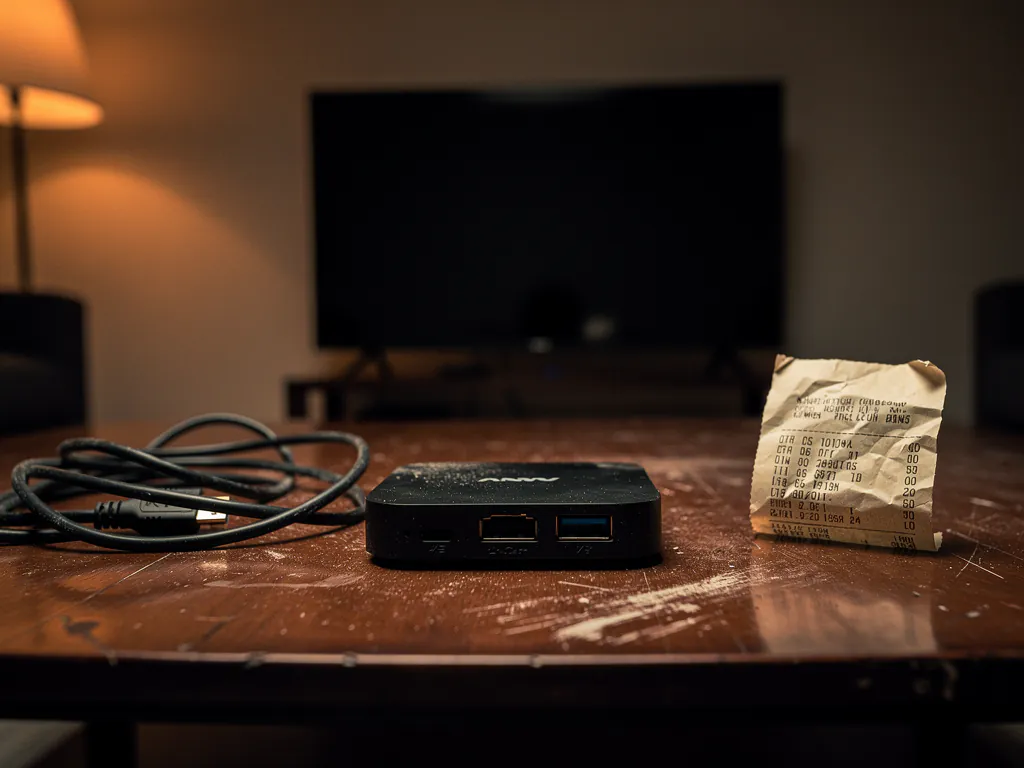 A cheap Android TV box sitting unplugged on a living room table beside a tangled HDMI cable and a crumpled receipt, the TV screen black in the background