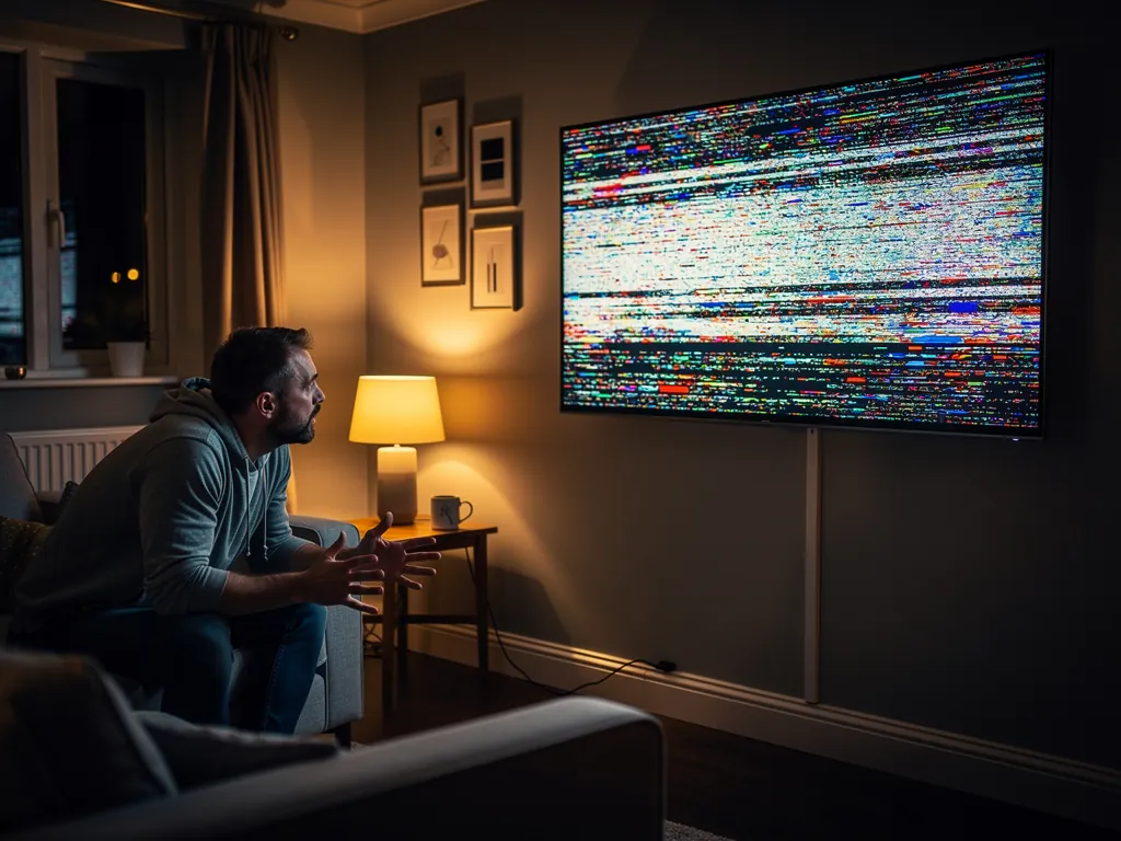 A dim UK living room at night with the TV showing a frozen static screen while a football fan waits for the IPTV stream to recover at kickoff
