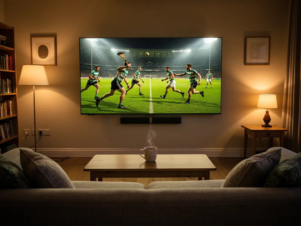 A cozy UK living room with a large wall-mounted TV showing a live hurling match under stadium floodlights