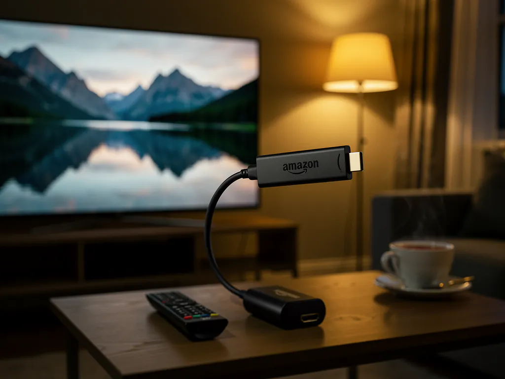 A streaming stick plugged into a television in a UK living room, ready to load an IPTV player app