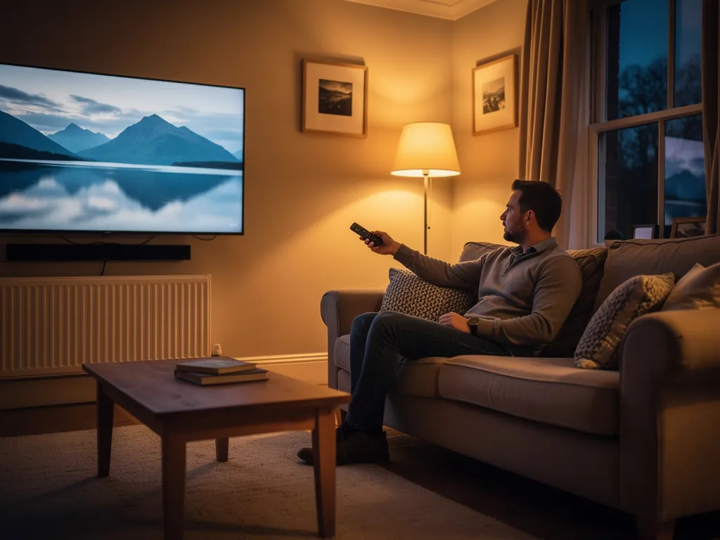 UK living room evening setup testing an IPTV free trial on a Firestick with a large TV