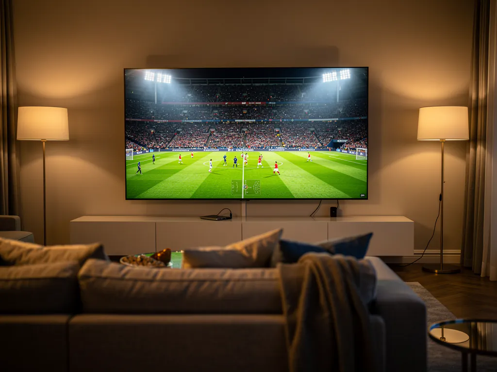 A large 4K TV showing a live Premier League football match in a cozy UK living room with a streaming stick plugged in