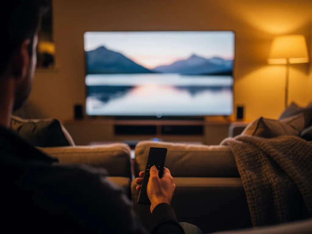 UK living room evening setup used while comparing IPTV UK vs Sky cost on a large TV