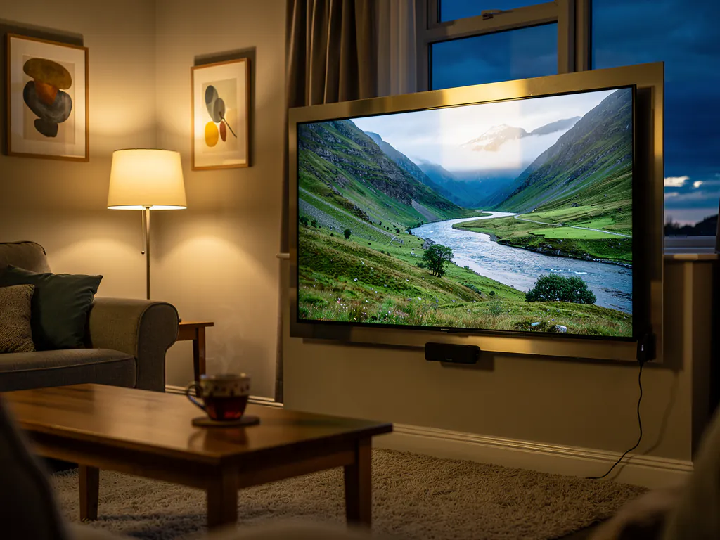 A large flat-screen TV in a cozy UK living room showing a pin-sharp mountain valley documentary in true 4K detail