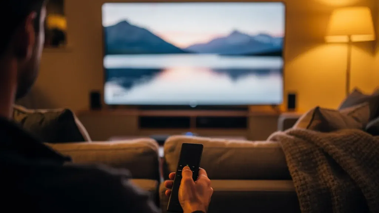 A man watching a scenic landscape on a large wall-mounted TV in a warm British living room, weighing up Sky Glass vs IPTV monthly cost in the UK