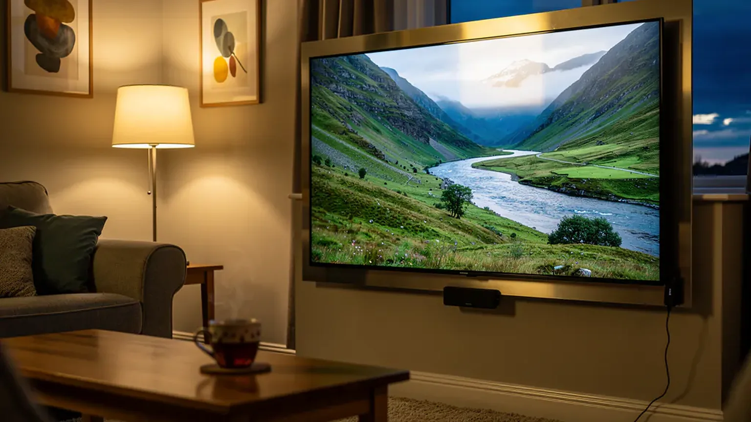 A warm living room at night with a large wall-mounted TV, the calm setup for watching Sky Sports F1 without a Sky subscription in the UK
