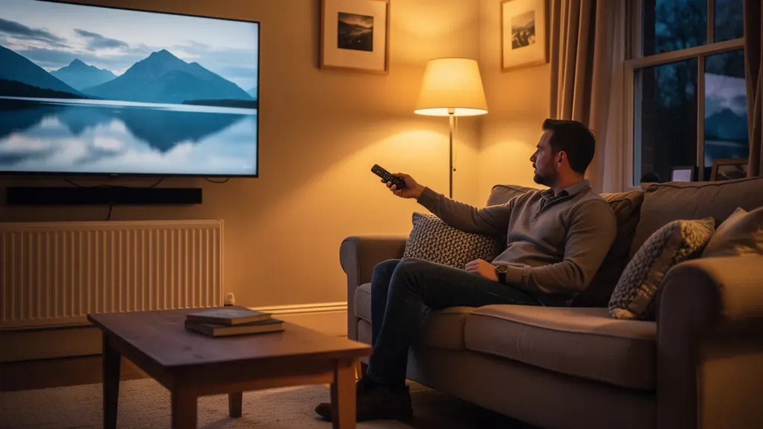 A man relaxing on a sofa with a remote, watching a wall-mounted TV in a cozy British living room, testing whether the UK 3pm blackout is ending in 2026