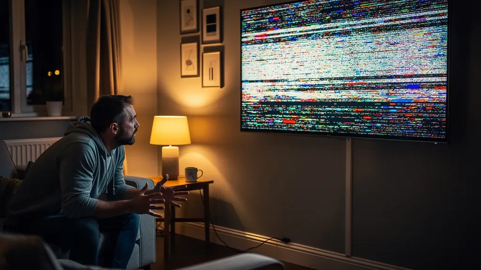 A router and a Fire TV Stick remote on a coffee table in a dim living room, the evening a stream failed at kickoff under a UK ISP blocking order
