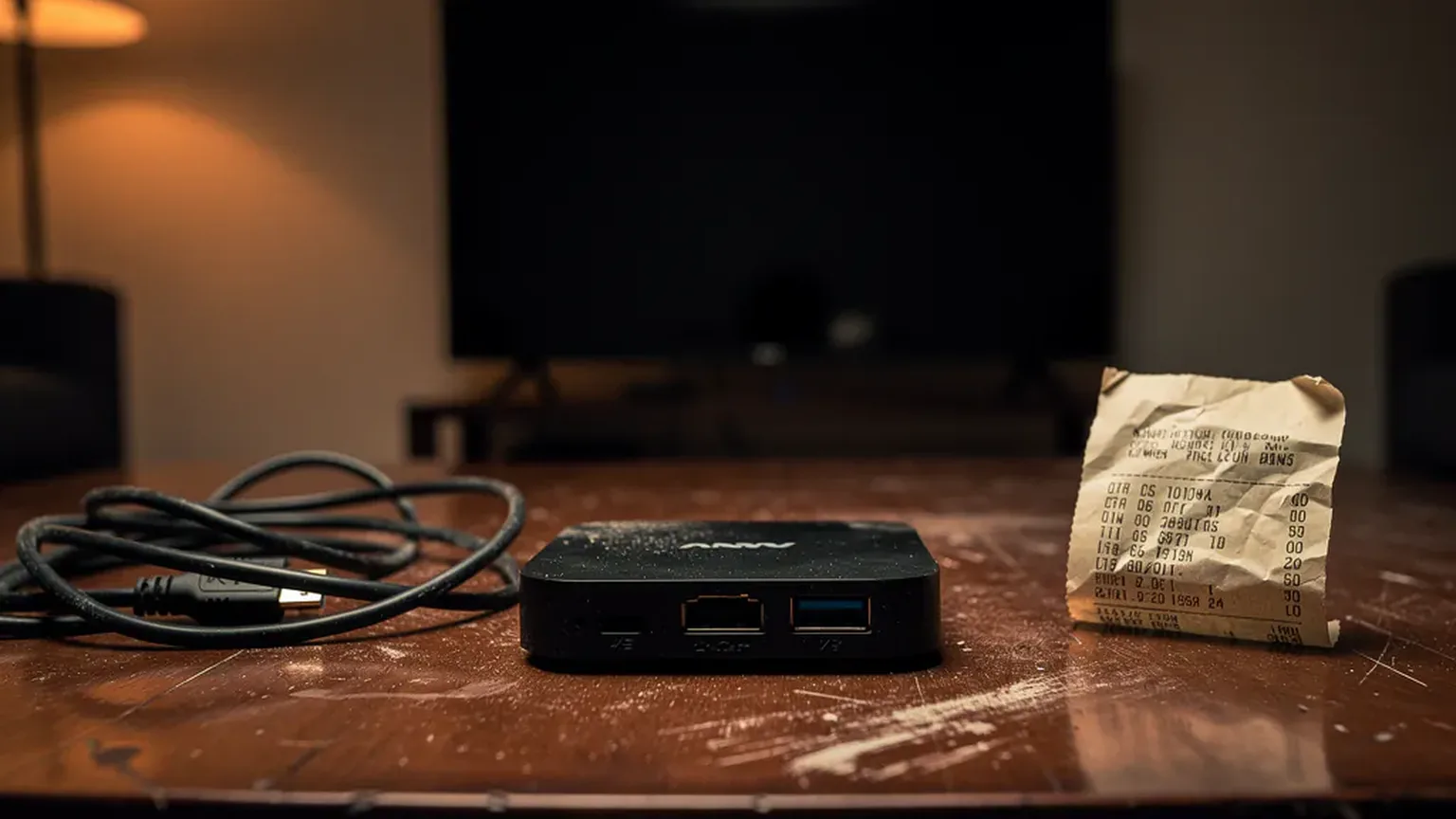 A dim UK living room with a set-top box and a crumpled receipt on the table, showing what UK police IPTV raids mean for buyers